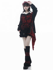 Y2K Black Tiered Skort with Red Plaid Handkerchief Hem and Star Chain