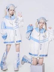 Tenshi Kaiwai  Futuristic Landmine Coord Set in Blue & White - Cyber Angel Techwear Jacket, Shorts & Leg Warmers