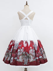 White & Red Skeleton and Cross Print Under Bust Gothic Lolita Dress with Lace Trim