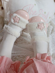 Sweet PU Snap Button Pink Flats - Star Accent & White Plush Strap