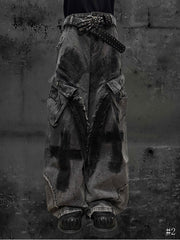 Y2K Wasteland Punk Grey Wide-Leg Jeans with Cross & Raw Hem Detailing