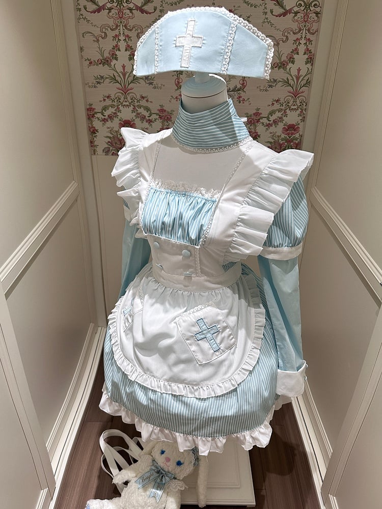 Yami Kawaii Light Blue Stripes Maid Apron Dress Faux Two-Piece with Detachable Sleeves and Nurse Hat