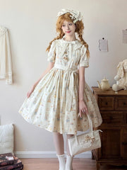Short Version Beige Bear Print Short Sleeves Sweet Lolita Dress