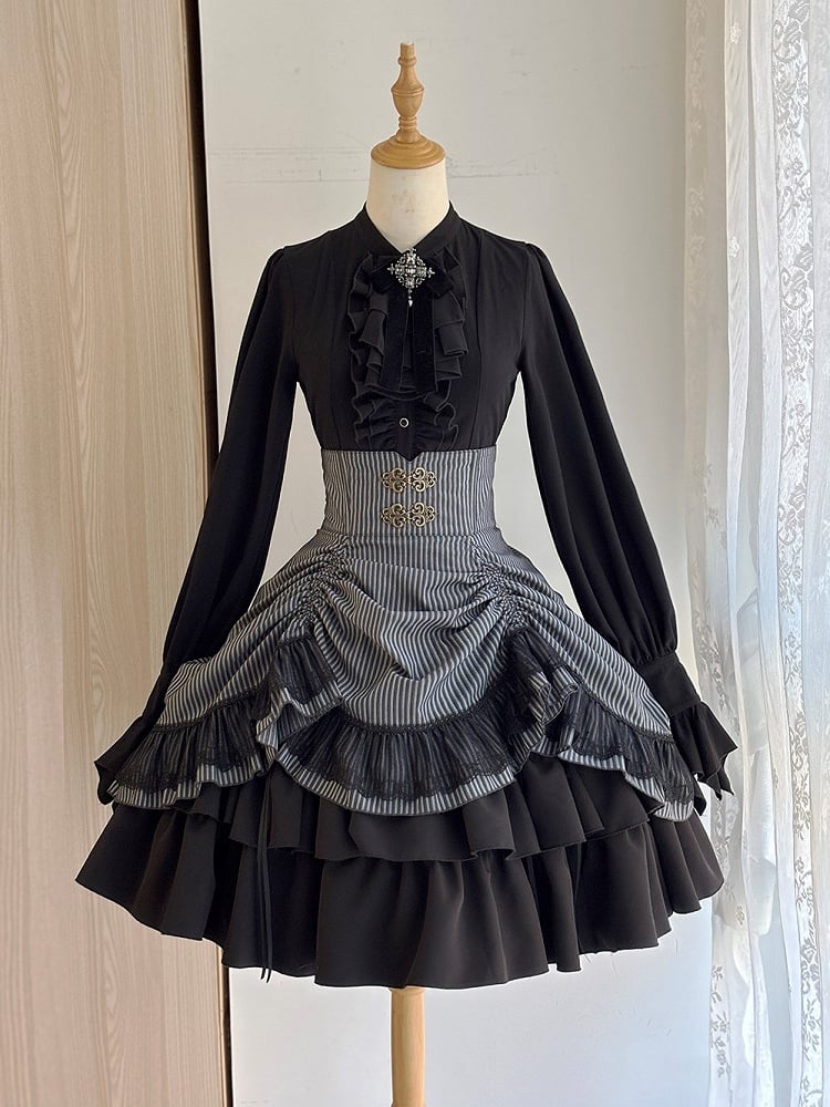 Black Pinstripe High Waist Gothic Lolita Drawstring Layered Skirt