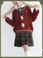 White/Red Preppy V-Neck Sweater with Diamond Pattern and Candy Embroidery