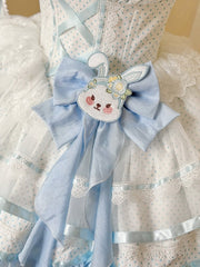 Blue Corset Waist Rabbit-Themed Polka Dots Dress Sweet Lolita JSK / Full Set