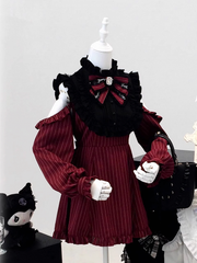 Versatile Jirai Kei Coord Set: Wine Red Striped Dress with Modular Sleeves & Matching Shorts