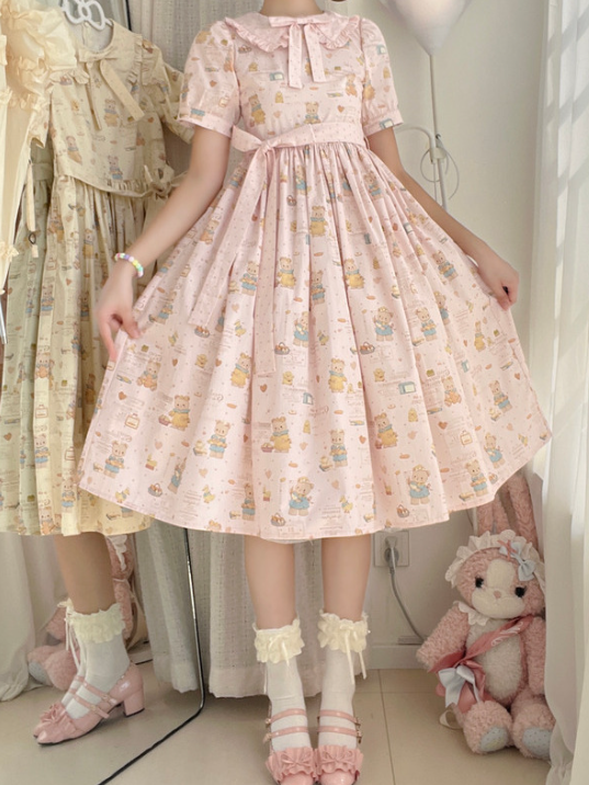 Short Version Pink Bear Print Short Sleeves Sweet Lolita Dress