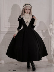 Elegant Black and Beige Ruffle Banded Collar Gothic Nun Lolita Dress Long Version