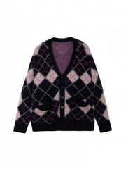 Vintage Black V-Neck Cardigan Faux Mink Knit/Brushed Version & Diamond Pattern