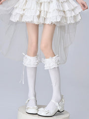 White Multi-layer Ruffled Bow Decorated Lolita Calf Socks