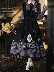 Bittersweet Lolita Apron Dress in Black Stripes and Purple Polka Dot