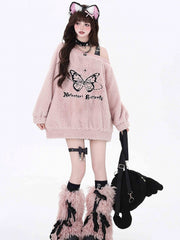 Sweet Butterfly Design Pink Asymmetrical Neckline Cozy Sweatshirt PU Shoulder Strap