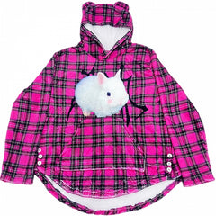 Rose Red Gyaru Fashion Oversized Bunny Print Plaid Pattern Hoodie