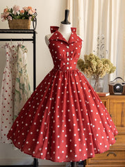 Red Polka Dots Pattern Print Retro Fashion Backless Dress Big Bow Back Halter Neck