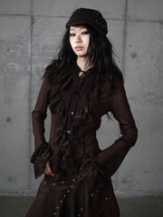 Brown Vintage Princess Tie-Neck Blouse with Tiered Flounce Lace & Button-Down Front