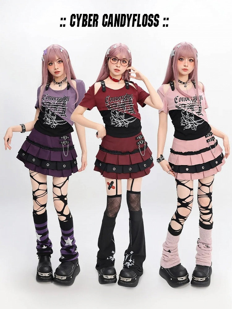 Y2K Red/Pink/Purple Colorblock Cutout Shoulder Butterfly Print T-Shirt Short Version