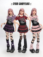 Y2K Red/Pink/Purple Colorblock Cutout Shoulder Butterfly Print T-Shirt Short Version