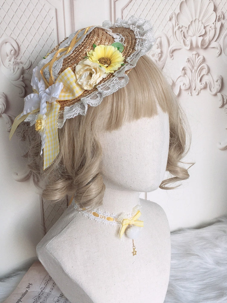 Yellow Flowers Bow Lace Mini Straw Hat