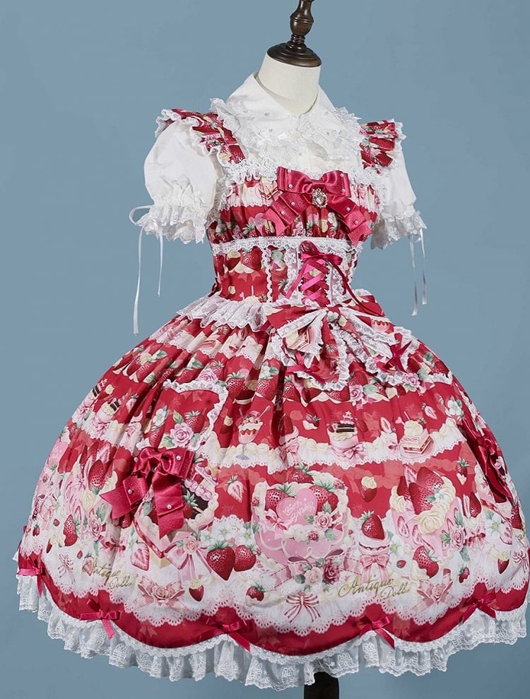 Red Flutter Sleeves Sweetheart Applique Sweet Lolita JSK Dress with Strawberry Cake Print