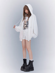 White Zip Closure Loose Sports Hoodie