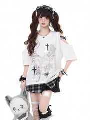 White Punk Graffiti T-shirt with Shoulder Cut-Outs & Plaid Inserts