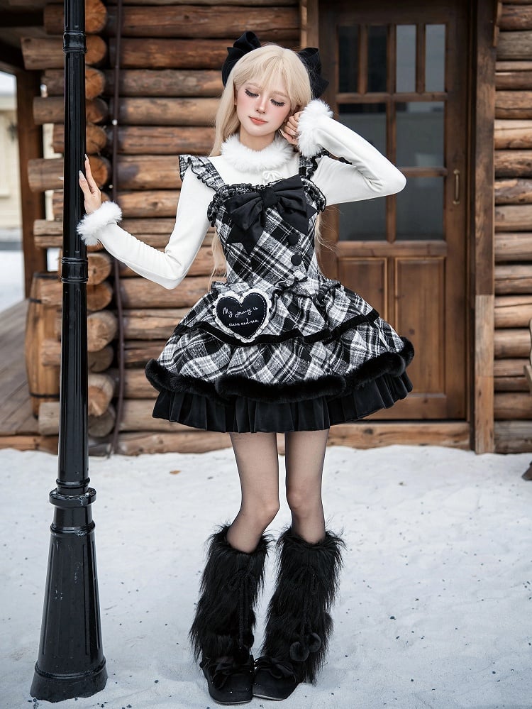 Black and White Plaid Pattern Winter Lolita Dress with Ruffle Details