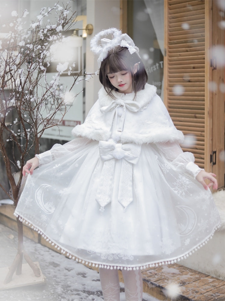 White Sweet Full Set - Snowflake Pattern Big Bow Jumper Skirt + Cape