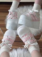 Yami Kawaii Pink Low-top Version Platform Sneakers with Lace-up & Velcro Strap Closures