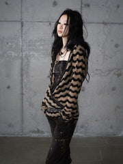 Black & Brown Striped Deconstructed Knit Top & Wing Print Bustier Set