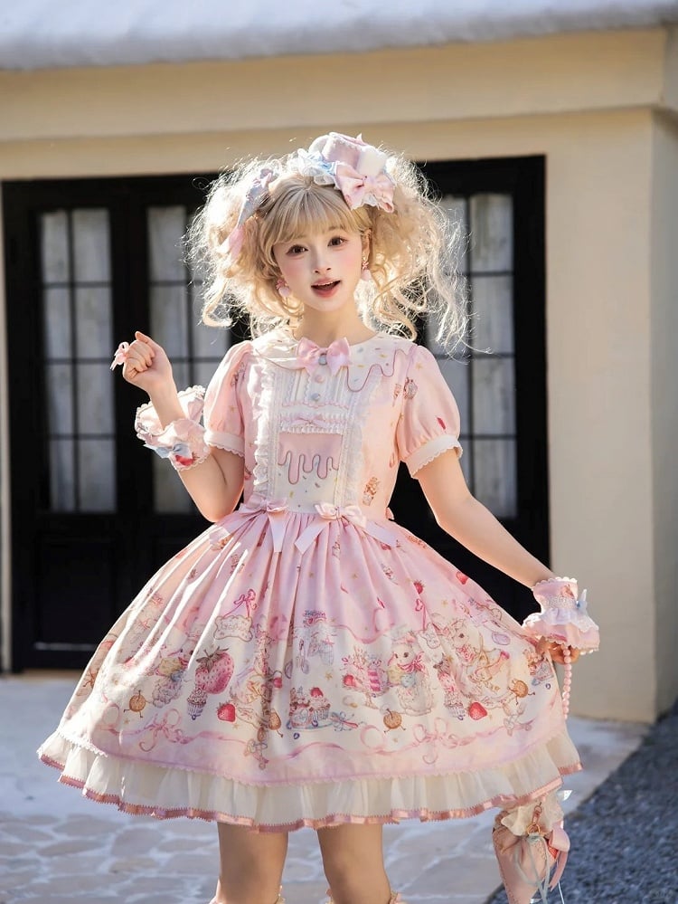 Pink Bunny and Dessert Print Sweet Lolita Dress with Lace Hem/Cotton Edge Hem