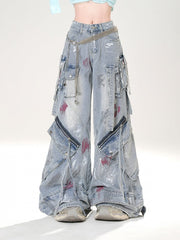 Spray Paint Print Blue Low Rise Zipper Details Distressed Wide-leg Jeans
