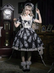 Black Doll Print Ruffle Trim Square Neckline Gothic One Piece