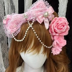 Pink Rhinestone Crown And Heart Decorated Lace Trim Bead Chain Bowknot Hairclip With 3 Floral Hairclips