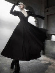 Black Juliette Sleeves Slim Waist Dress Beige Ruffle Neckline Lolita One Piece