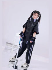 White & Purple Ear Design Buckle Strap Detachable Sleeves Jirai Kei Hooded Jacket