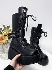 Y2K Black Buckle Strap Gothic Platform Knee-high Boots