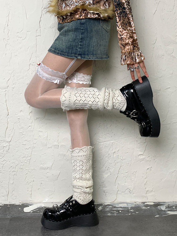 Y2K White Hollow-out Design Knitted Leg Warmers