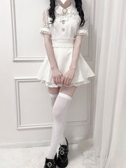 White Jirai Kei Set -Shirt Collar Sweetheart Rhinestone Decoration Lace Shawl Top + Shorts + Bowtie