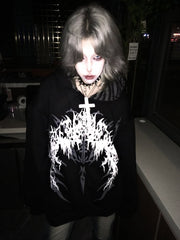 Black/White Gothic Striped-Lined Hoodie with Dark Fantasy Print in Regular/Heavyweight Version