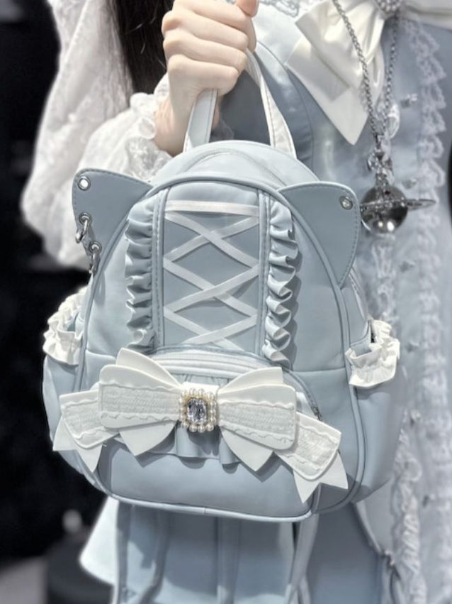 Jirai Kei Light Blue Cat Ear Backpack With Beaded and Rhinestone Bow