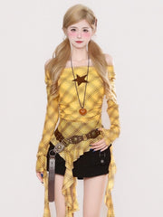Yellow Plaid Off-Shoulder Long Sleeve Top with Star Accent and Cascading Ruffle Trim