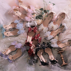 Wine Red Beaded Bowknot Accents Pointed Toe Hime Lolita Middle Heels