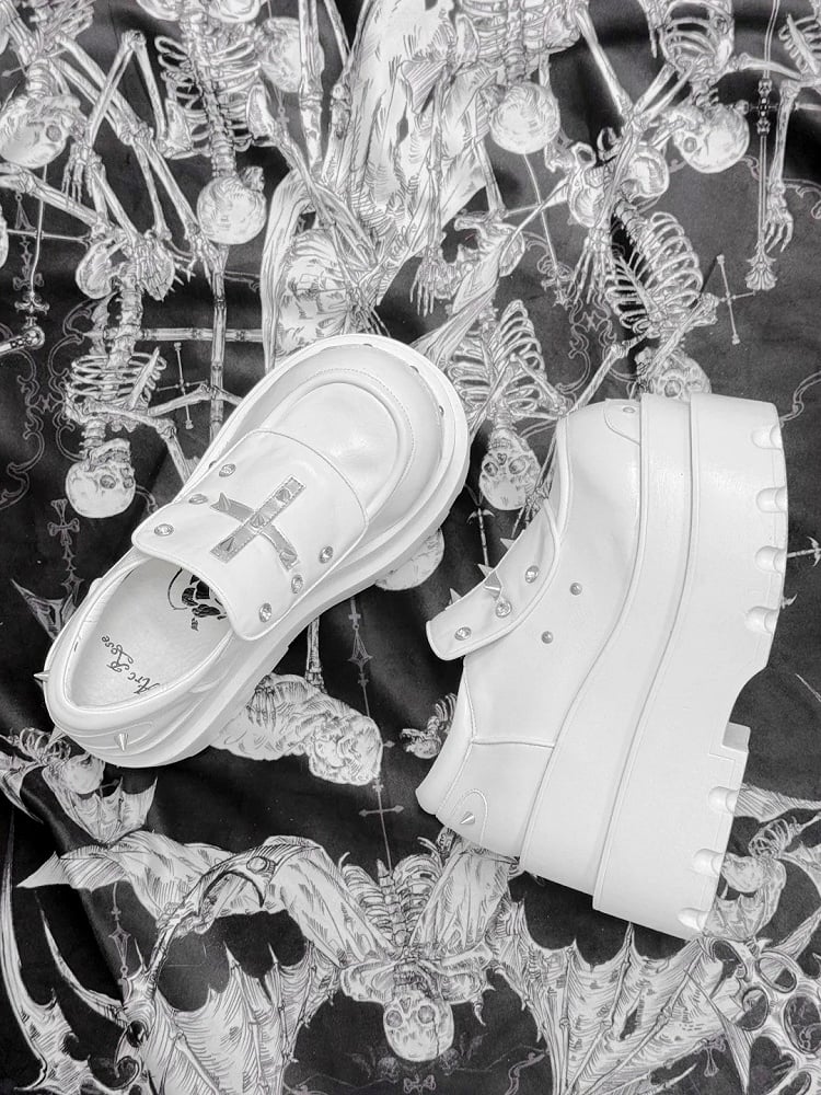 White Punk Platform Shoes with Cross Details & Studded Accents