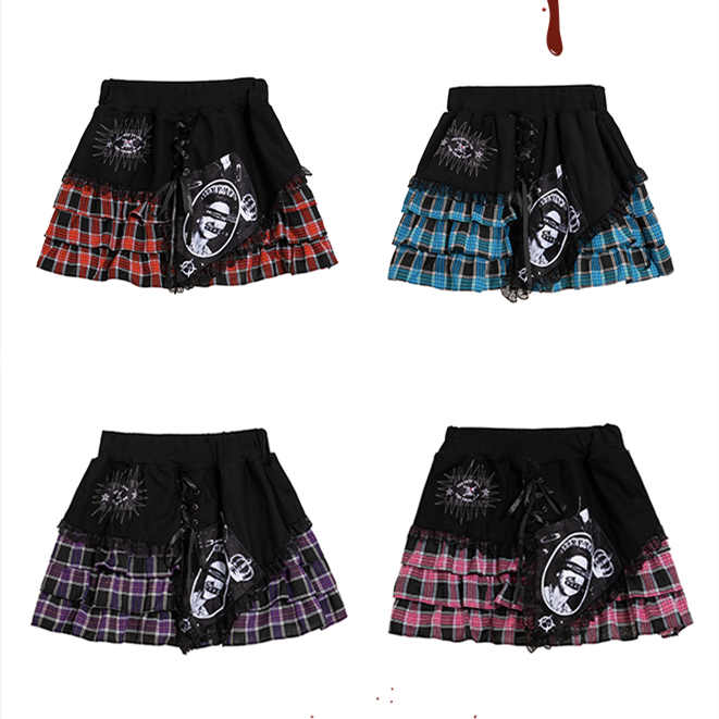 Punk 4 Colors Lace-up Plaid Tiered Skirt