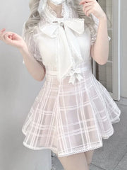Jirai Kei Pink Plaid Organza Skirt with Lace-up Back