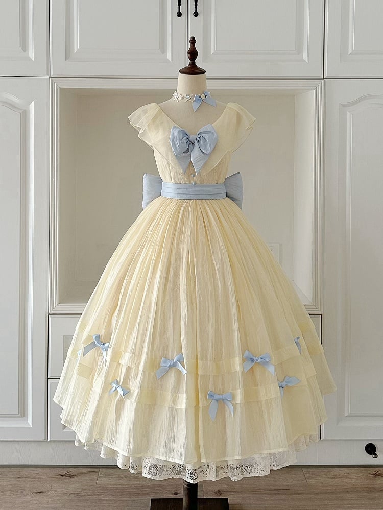 Yellow V-neck Princess Belle Lolita Dress with Detachable Blue Bows