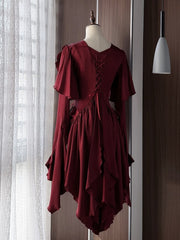 Wine Red Vampire Ouji Long Sleeves Cascading Ruffle Tail Shirt