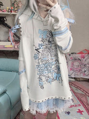 Skeleton Print  Kitty Ears White Hoodie with Detachable Sleeves and Tail