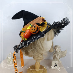 Halloween Pumpkins Lace Trim Black Witch Hat